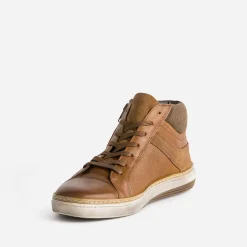 Basket cognac cuir empiècement textile