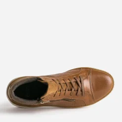 Basket cognac cuir empiècement textile