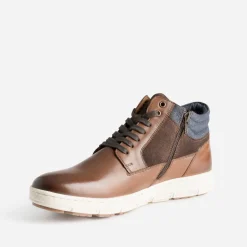 Basket cognac en cuir et textile marine