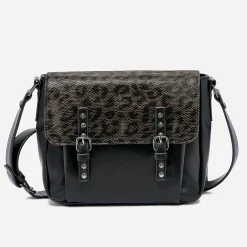 Besace TEXTO noire avec rabat effet léopard