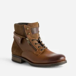 Boots à lacet cognac cuir à revers