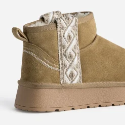 Boots camel cuir velours fourré à plateforme