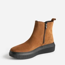 Boots camel en cuir velours à plateforme