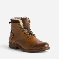 Boots cognac en cuir col fourré