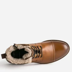 Boots cognac en cuir col fourré