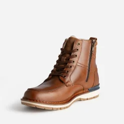 Boots cranté fourré en cuir cognac