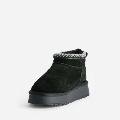 Boots noir cuir velours fourré à plateforme