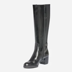 Botte à talon noire en cuir pour mollet large