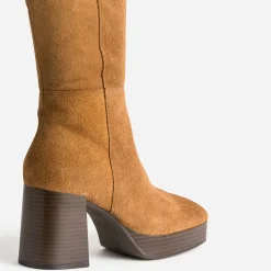 Botte cognac en cuir à plateforme pour mollets fins