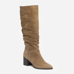 Botte TEXTO taupe en cuir velours éco-conçu à tige plissée