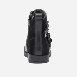 Bottine noire bi matière avec décor fleurs