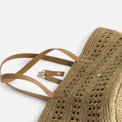 Cabas panier beige foncé raphia tressé