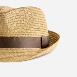 Chapeau beige en paille avec galon marron