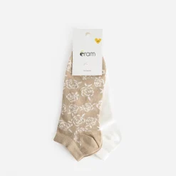 Chaussettes courtes écrues et beiges motif fleurs