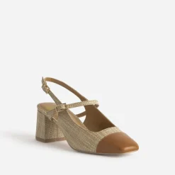Escarpin slingback beige tressé bout camel