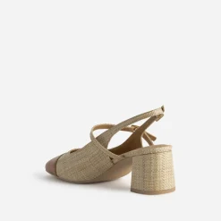 Escarpin slingback beige tressé bout camel