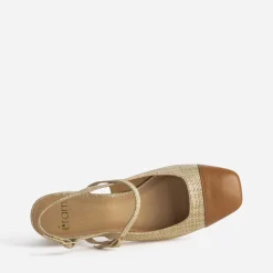 Escarpin slingback beige tressé bout camel