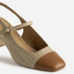 Escarpin slingback beige tressé bout camel