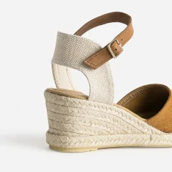 Espadrille compensée camel cuir velours éco-conçu
