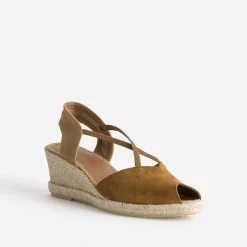 Espadrille compensée camel cuir velours éco-conçu