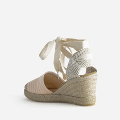 Espadrille compensée écrue toile rayée corail