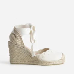Espadrille compensée écrue toile brodée