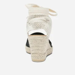 Espadrille compensée noire en toile avec broderie anglaise