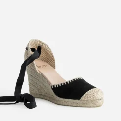 Espadrille compensée noire cuir velours brodé