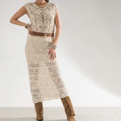 Jupe longue TEXTO écrue dentelle façon crochet