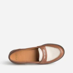 Mocassin bicolore cognac et beige cuir
