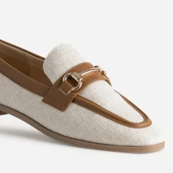 Mocassin bi-matière beige lin et cognac
