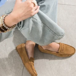 Mocassin camel cuir velours à franges