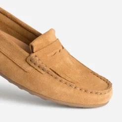 Mocassin camel cuir velours à franges