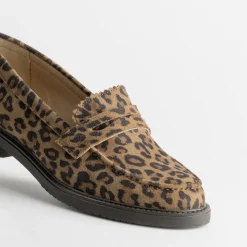 Mocassin marron cuir velours effet léopard