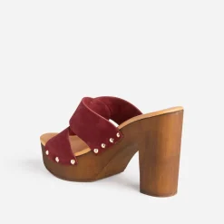 Mule à talon TEXTO bordeaux en cuir velours