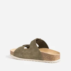 Mule anatomique kaki en cuir velours