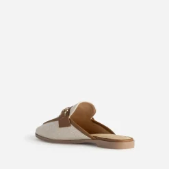 Mule bi-matière beige lin bordé cognac