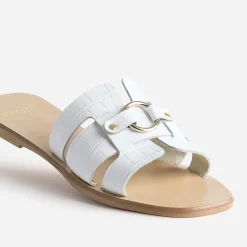 Mule blanche en cuir embossé croco