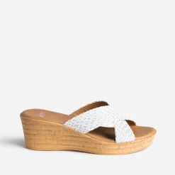 Mule compensée blanche à brides tressées argent