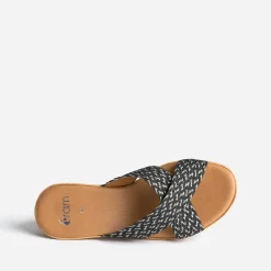 Mule compensée noire à brides tressées argent