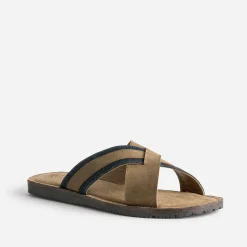 Mule marron éco-conçue en cuir et denim