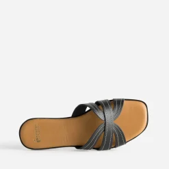 Mule noire cuir brides détails couture