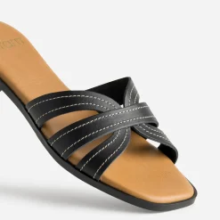 Mule noire cuir brides détails couture