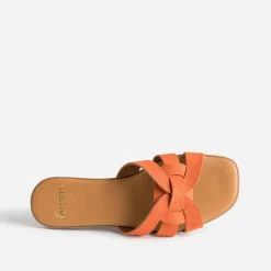 Mule orange cuir velours brides tressées