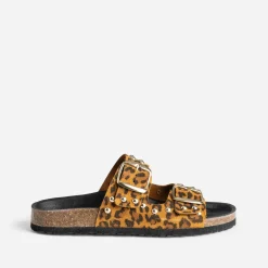 Mule TEXTO camel cuir velours motif léopard éco-conçu