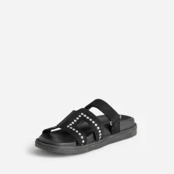 Mule TEXTO noire cuir velours décor strass