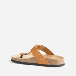 Mule-tong anatomique camel foncé en cuir velours éco-conçu