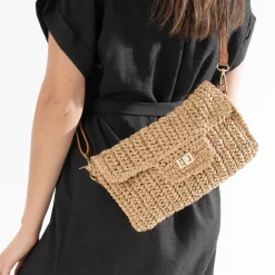 Pochette beige paille tressée