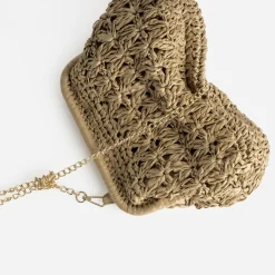 Pochette minaudière beige façon raphia tressé