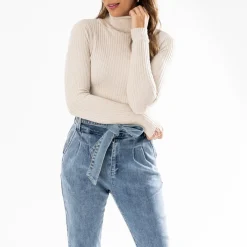 Pull TEXTO beige clair côtelé à col roulé